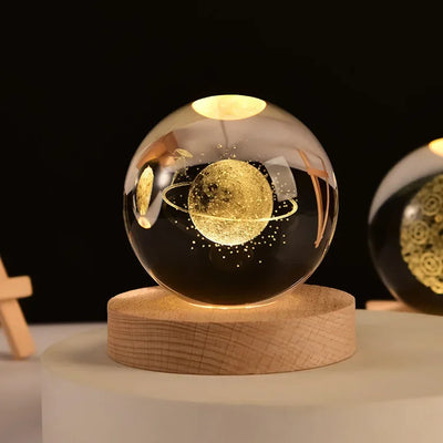 6cm 3D Crystal Ball Glass Planet LED Warm Night Light Laser Engraved Solar System Globe Universe Birthday Gift Wooden Base