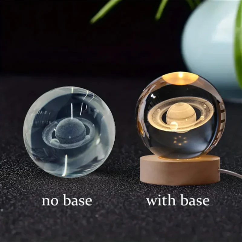 6cm 3D Crystal Ball Glass Planet LED Warm Night Light Laser Engraved Solar System Globe Universe Birthday Gift Wooden Base