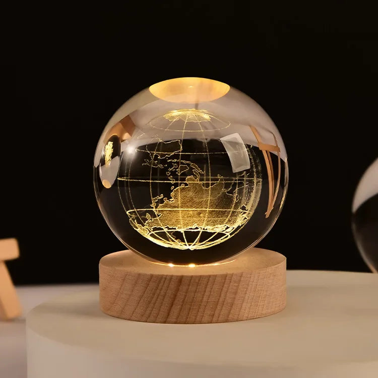 6cm 3D Crystal Ball Glass Planet LED Warm Night Light Laser Engraved Solar System Globe Universe Birthday Gift Wooden Base