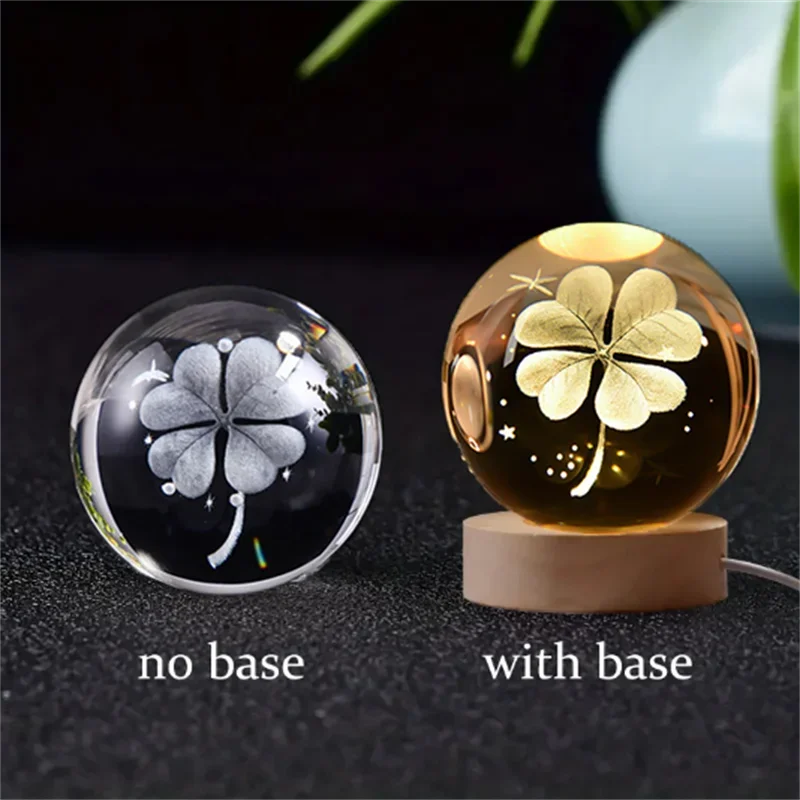 6cm 3D Crystal Ball Glass Planet LED Warm Night Light Laser Engraved Solar System Globe Universe Birthday Gift Wooden Base