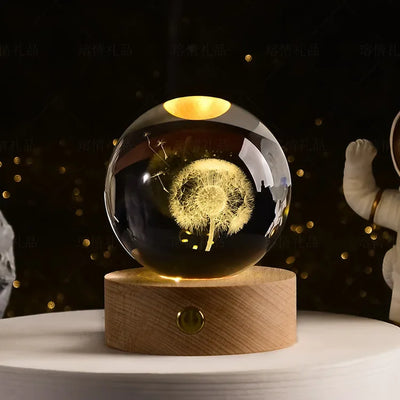 6cm 3D Crystal Ball Glass Planet LED Warm Night Light Laser Engraved Solar System Globe Universe Birthday Gift Wooden Base