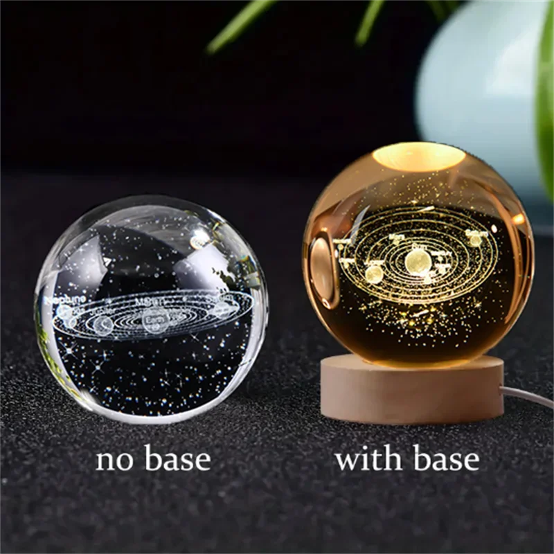 6cm 3D Crystal Ball Glass Planet LED Warm Night Light Laser Engraved Solar System Globe Universe Birthday Gift Wooden Base