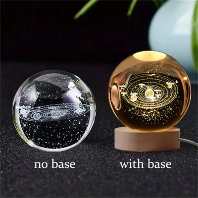 6cm 3D Crystal Ball Glass Planet LED Warm Night Light Laser Engraved Solar System Globe Universe Birthday Gift Wooden Base