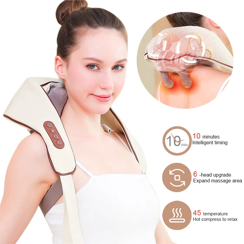 Neck and Shoulder Massage Shawl Heating Kneading 6D Massage Head Deep Massage and Muscle Relaxation Adjustable Wearable Massager