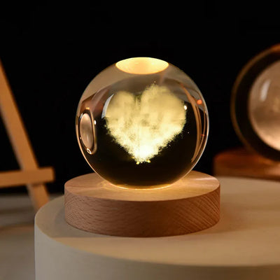 6cm 3D Crystal Ball Glass Planet LED Warm Night Light Laser Engraved Solar System Globe Universe Birthday Gift Wooden Base