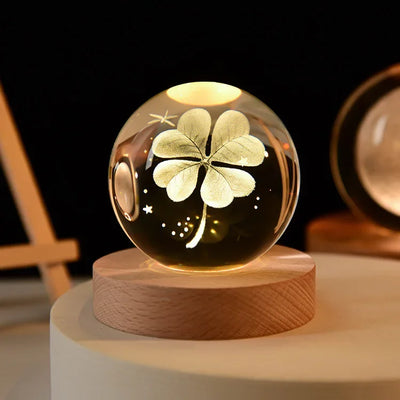 6cm 3D Crystal Ball Glass Planet LED Warm Night Light Laser Engraved Solar System Globe Universe Birthday Gift Wooden Base