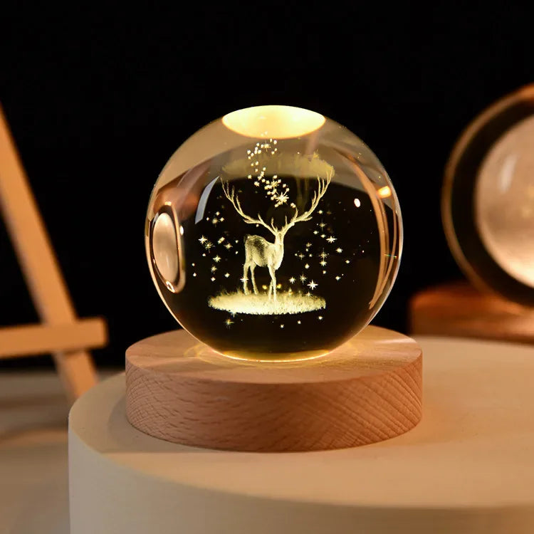 6cm 3D Crystal Ball Glass Planet LED Warm Night Light Laser Engraved Solar System Globe Universe Birthday Gift Wooden Base