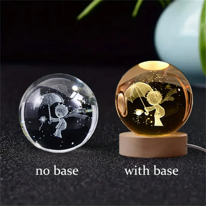 6cm 3D Crystal Ball Glass Planet LED Warm Night Light Laser Engraved Solar System Globe Universe Birthday Gift Wooden Base