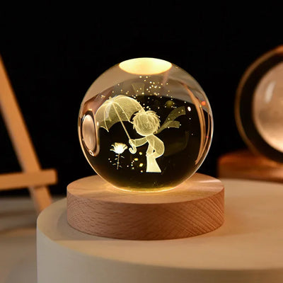 6cm 3D Crystal Ball Glass Planet LED Warm Night Light Laser Engraved Solar System Globe Universe Birthday Gift Wooden Base