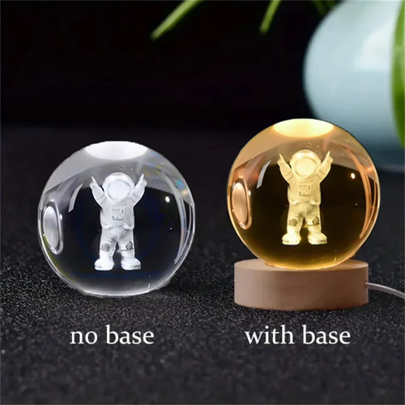 6cm 3D Crystal Ball Glass Planet LED Warm Night Light Laser Engraved Solar System Globe Universe Birthday Gift Wooden Base