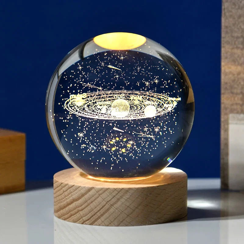 6cm 3D Crystal Ball Glass Planet LED Warm Night Light Laser Engraved Solar System Globe Universe Birthday Gift Wooden Base