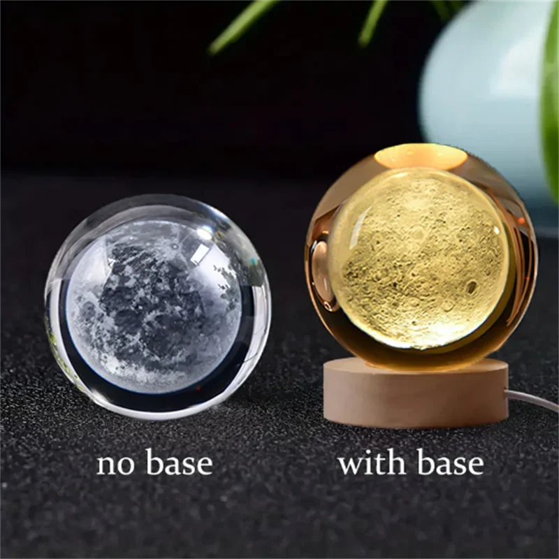 6cm 3D Crystal Ball Glass Planet LED Warm Night Light Laser Engraved Solar System Globe Universe Birthday Gift Wooden Base