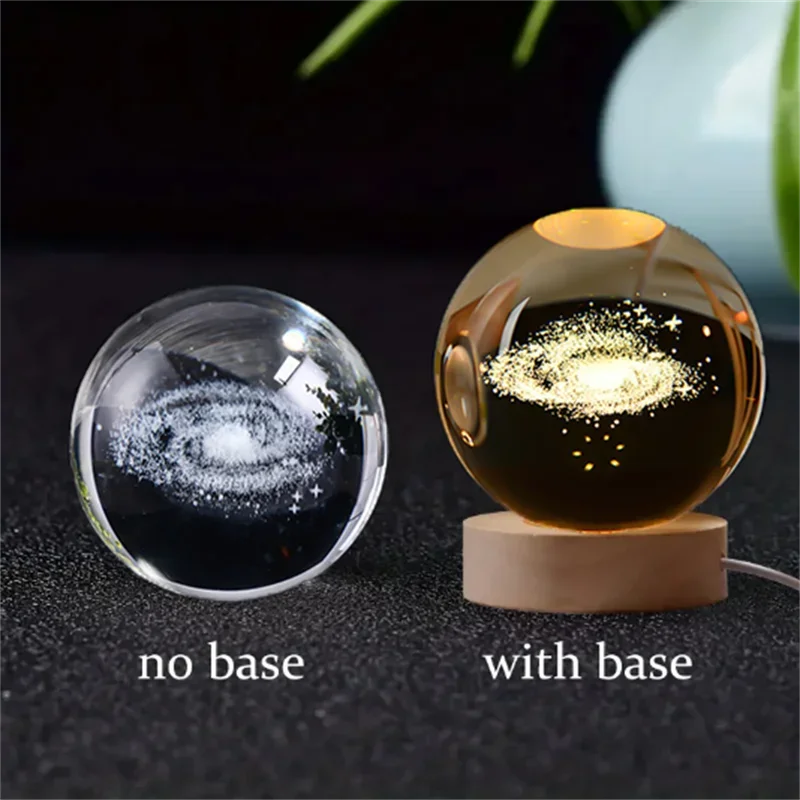 6cm 3D Crystal Ball Glass Planet LED Warm Night Light Laser Engraved Solar System Globe Universe Birthday Gift Wooden Base