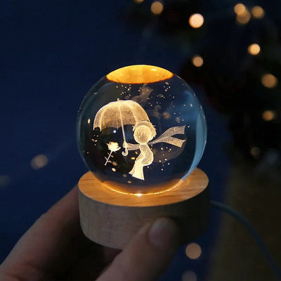 6cm 3D Crystal Ball Glass Planet LED Warm Night Light Laser Engraved Solar System Globe Universe Birthday Gift Wooden Base