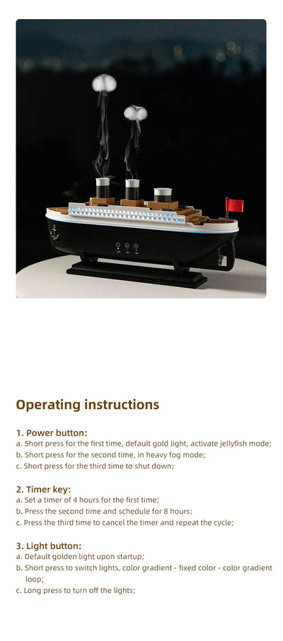 Titanic Ship Model Ultrasonic Air Humidifier Jellyfish Smoke Ring Spray Essential Oil Arome Diffuser 250ml Colorful Night Lights