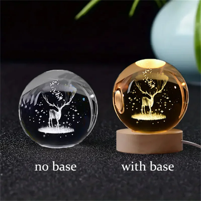 6cm 3D Crystal Ball Glass Planet LED Warm Night Light Laser Engraved Solar System Globe Universe Birthday Gift Wooden Base