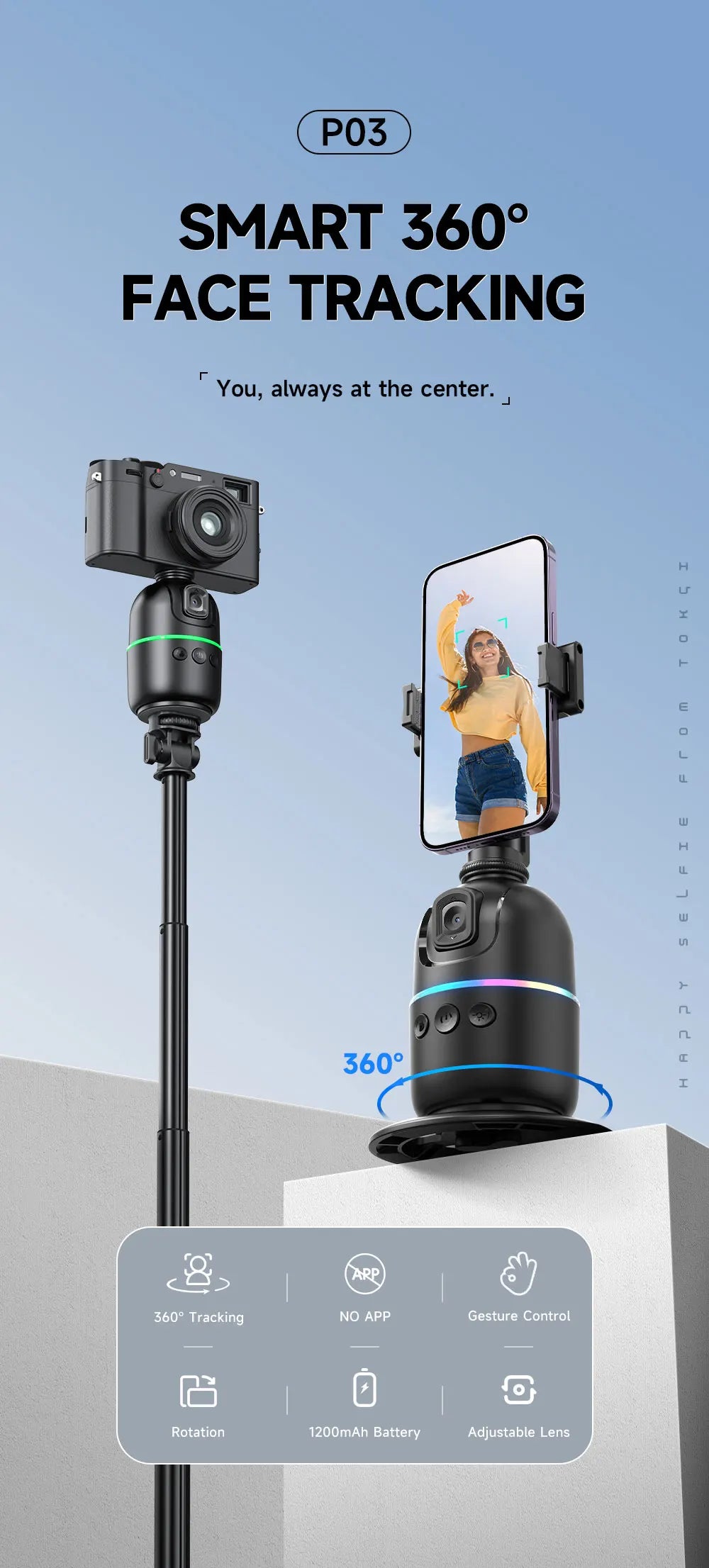 Selfieshow P03 Stabilizer 360°Auto Face Tracking AI Gimbal All-in-one Desktop Phone Holder Tripod For Smartphone Video Vlog Live