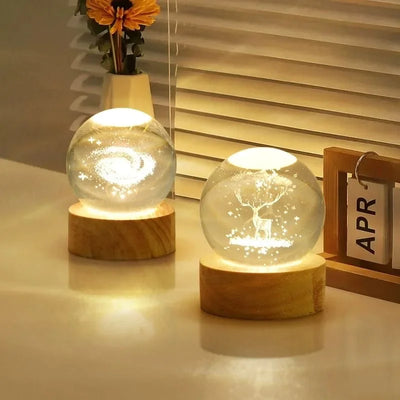 6cm 3D Crystal Ball Glass Planet LED Warm Night Light Laser Engraved Solar System Globe Universe Birthday Gift Wooden Base